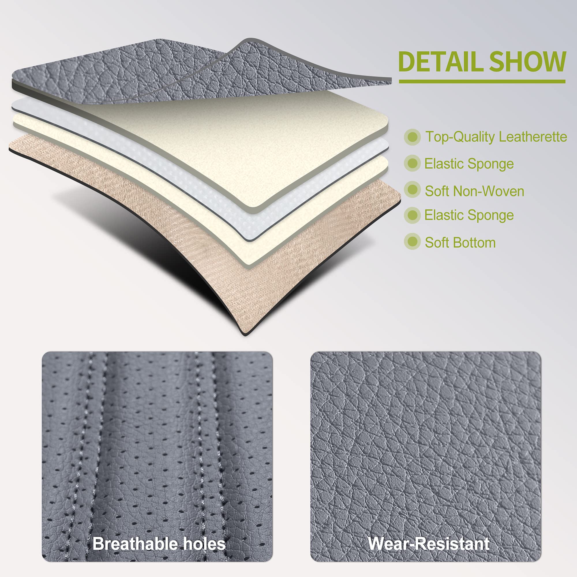 AOOG Leather Car Seat Covers, Leatherette Automotive Seat Covers for Cars SUV Pick-up Truck, Non-Slip Vehicle Car Seat Covers Universal Fit Set for Auto Interior Accessories, Full Set, Gray