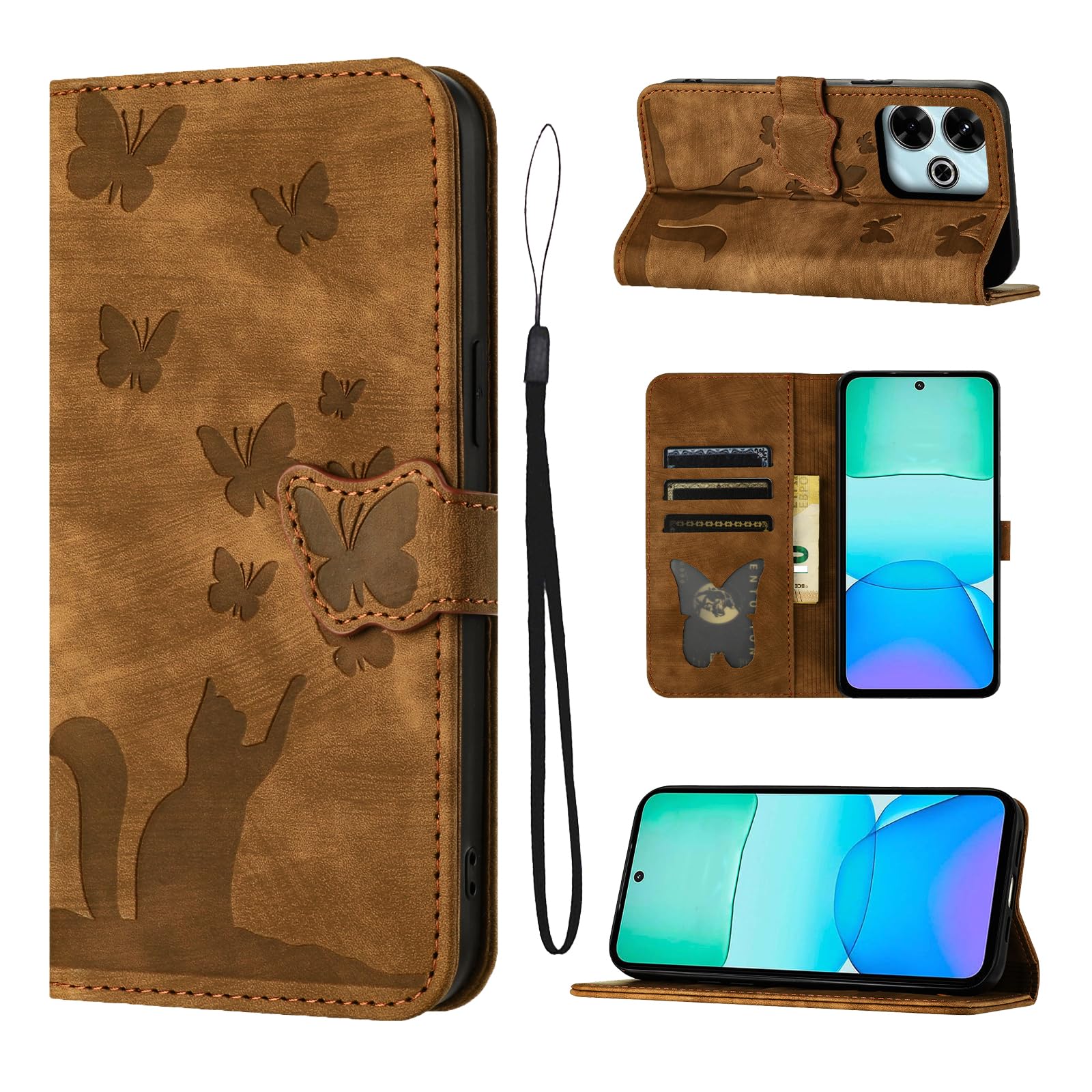 LSPCASA Phone Case For Xiaomi Redmi 13 6.79 inch Premium PU Leather Material Xiaomi Redmi 13 Case With Card Slots Cat Butterfly Pattern Xiaomi Redmi 13 4G Case Brown
