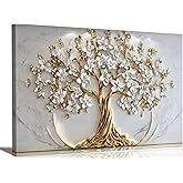 Tree of Life Canvas Wall Art Gold White Flowers Wall Decor Picture Natural Landscape Poster Print Artwork For Living Room Bedroom Office Paintings Decoration Prepare to hang 32x16in