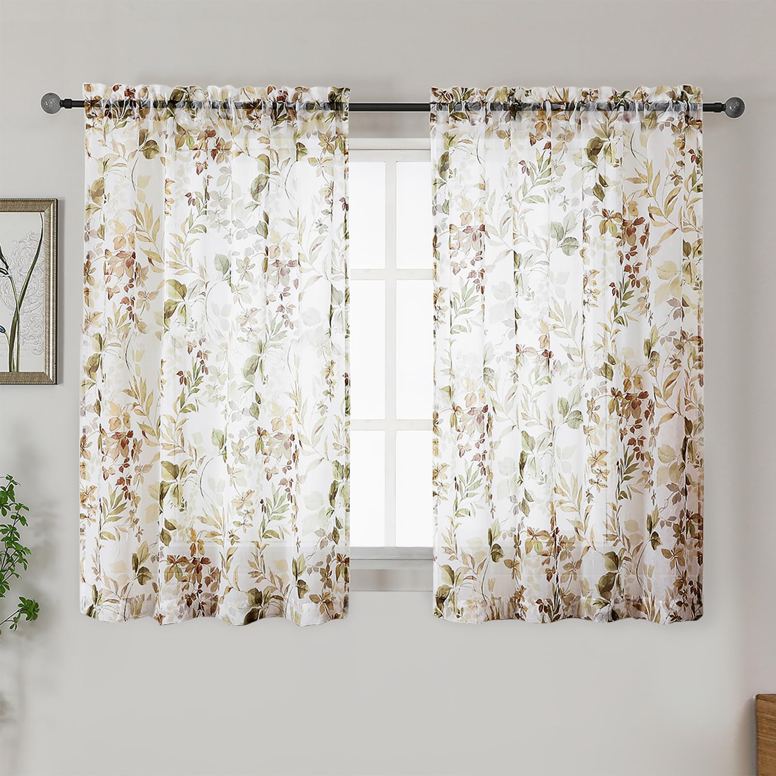 Photo 1 of OWENIE Printing Sheer Curtians 54 Inch Length Kitchen Curtain 2 Panels Set, Rod Pocket Printing Small Window Living Room Curtains with Floral Leaves, Farmhouse Light Filtering Short Curtains, 42"x54"