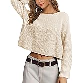 PRETTODAY Women's Crew Neck Knit Sweater Long Sleeve Textured Ribbed Casual Loose Cropped Pullover Tops