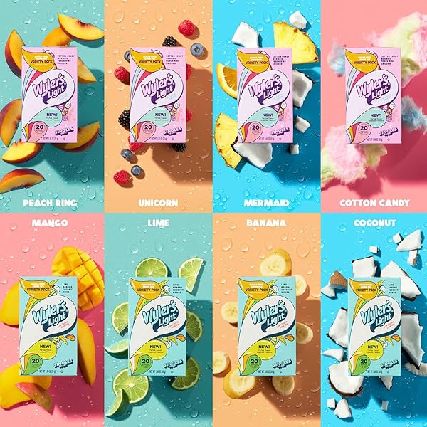 WYLER’S LIGHT SINGLES TO GO POWDER PACKETS, WATER DRINK MIX, VARIETY PACK, LIME, BANANA, COCONUT, MANGO, WATERTOK BASE FLAVORS, SUGAR & CAFFEINE FREE, ON-THE-GO, 20 COUNT (PACK – 1)