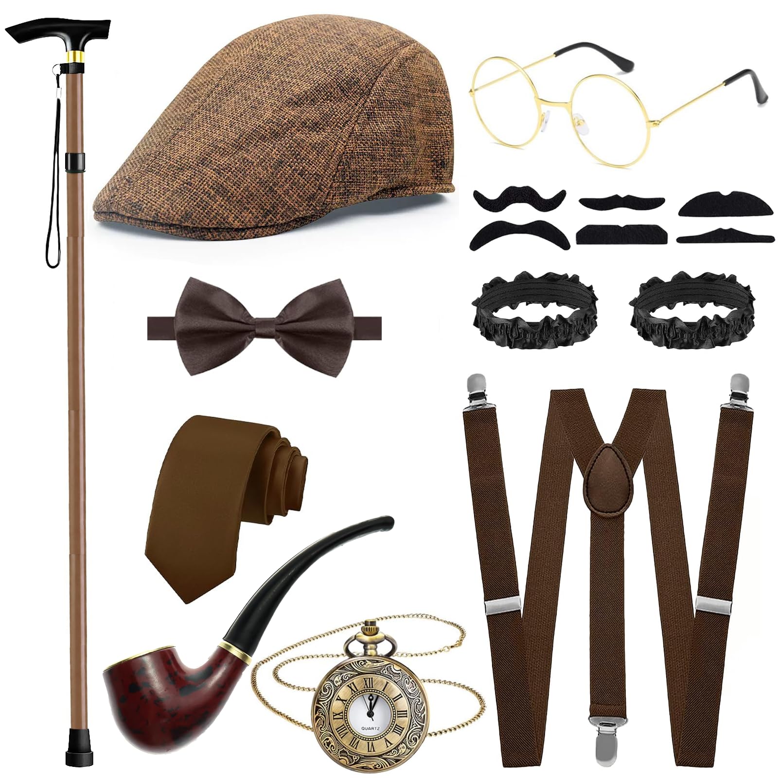 1920s Accessories for Men, Gentleman Fancy Dress Set with Hat Suspenders Pocket Watch Bow Tie Beards Glasses Pipe Folding Cane Great Gatsby Gangster Costume for Roaring 20s Theme Party (Brown)