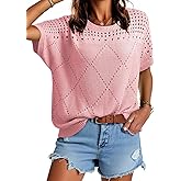 Dokotoo Women's Casual Crew Neck Short Sleeve Sweater Crochet Hollow Out Lightweight Sweaters Tops Fashion Clothing Outfits
