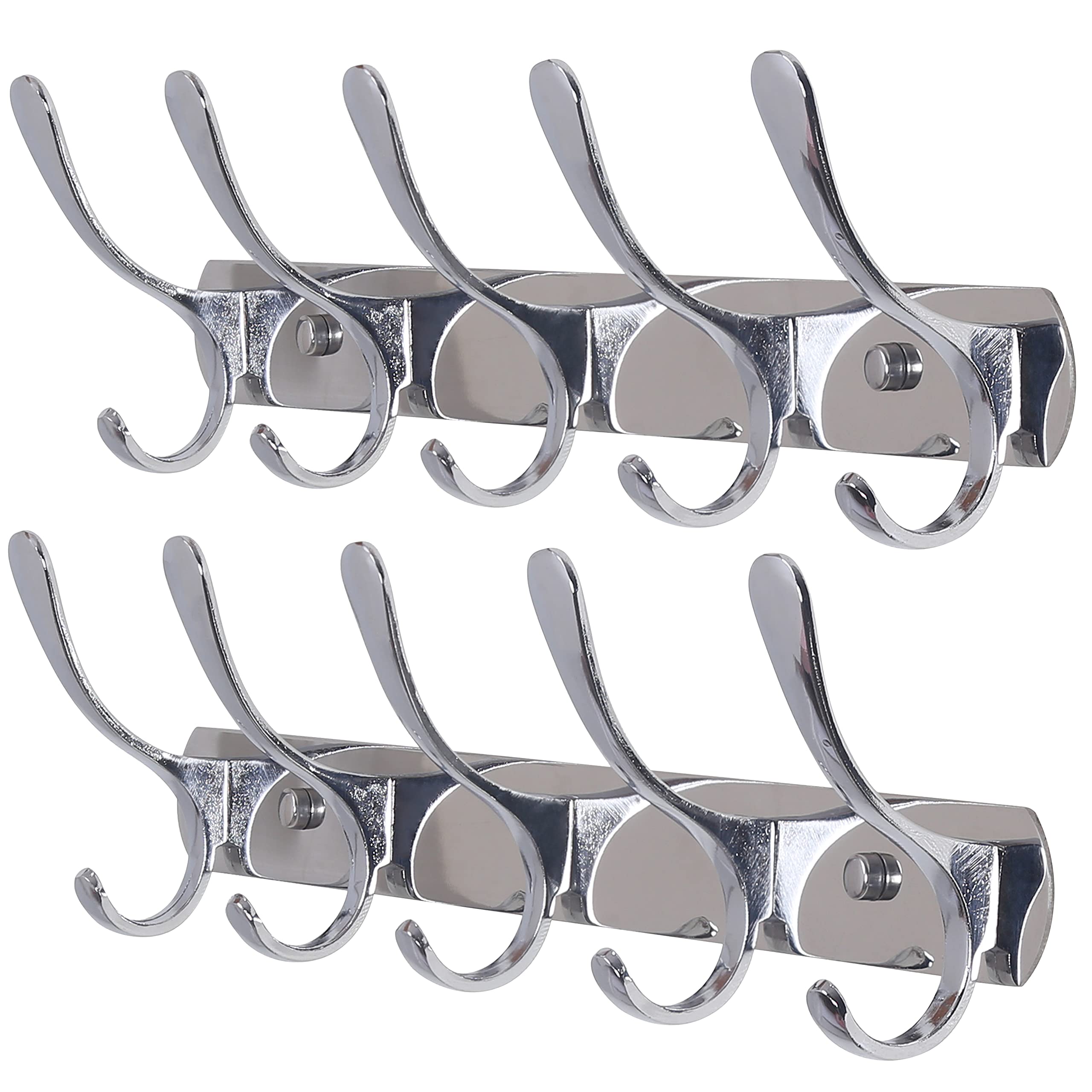 SKOLOO Coat Rack Wall Mount - Modern, Metal Wall Coat Rack with 5 Hooks, Pack of 2, Sturdy Wall Hook Rack Rail for Hanging Coat, Jacket, Clothes, Hat, Silver