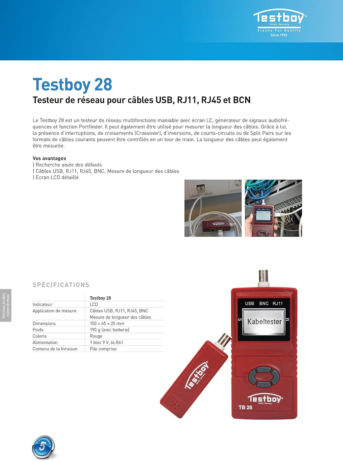 Testboy Network Tester 28 - Multifunctional digital cable length measurer, tone generator & port finder, red, battery powered - Image 3