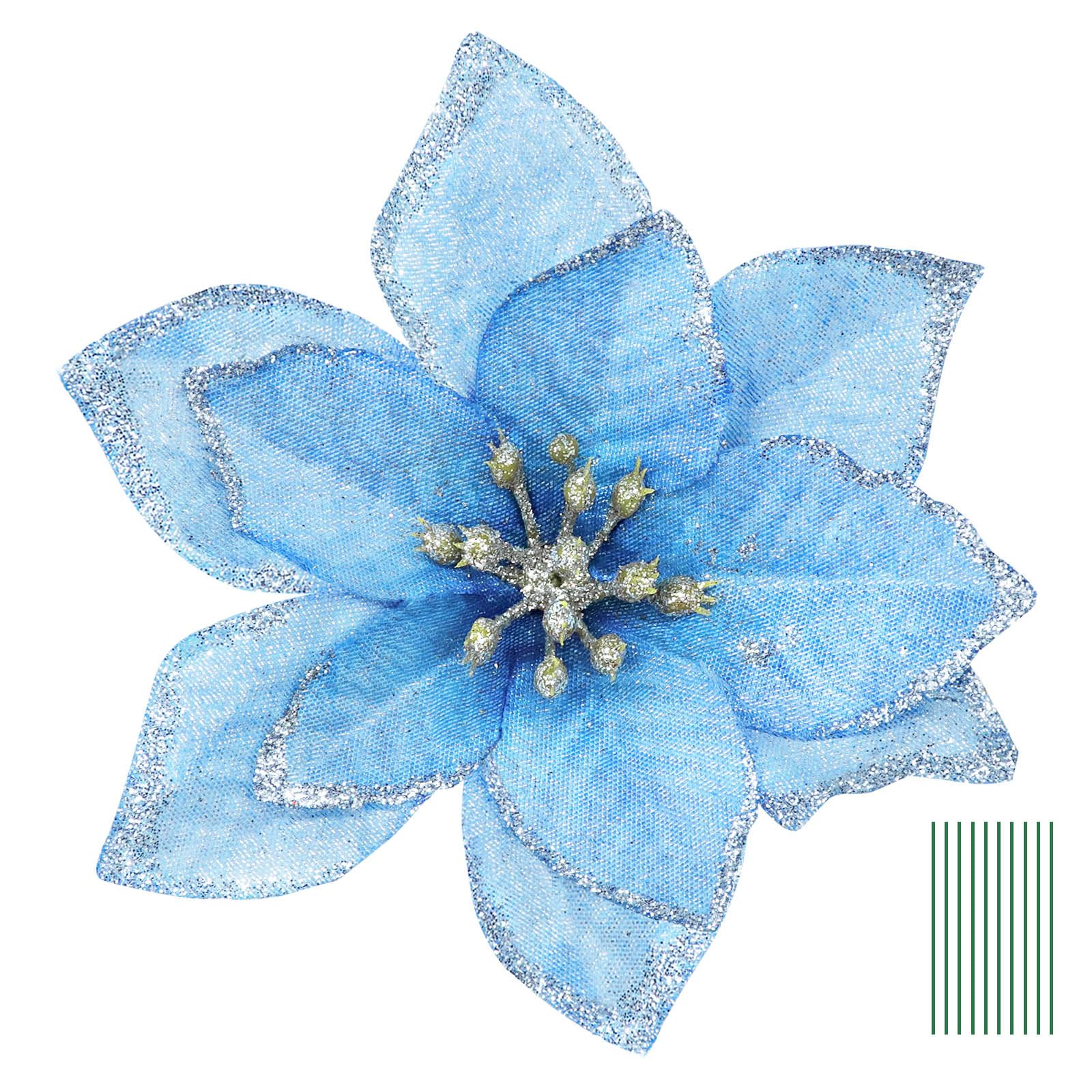 Yueshop 10pcs Christmas Glitter Poinsettia Flowers Ornament Christmas Tree Wreath Decoration Artificial Wreath Flowers for Xmas Tree Ornaments Decor (Blue) โ image 1