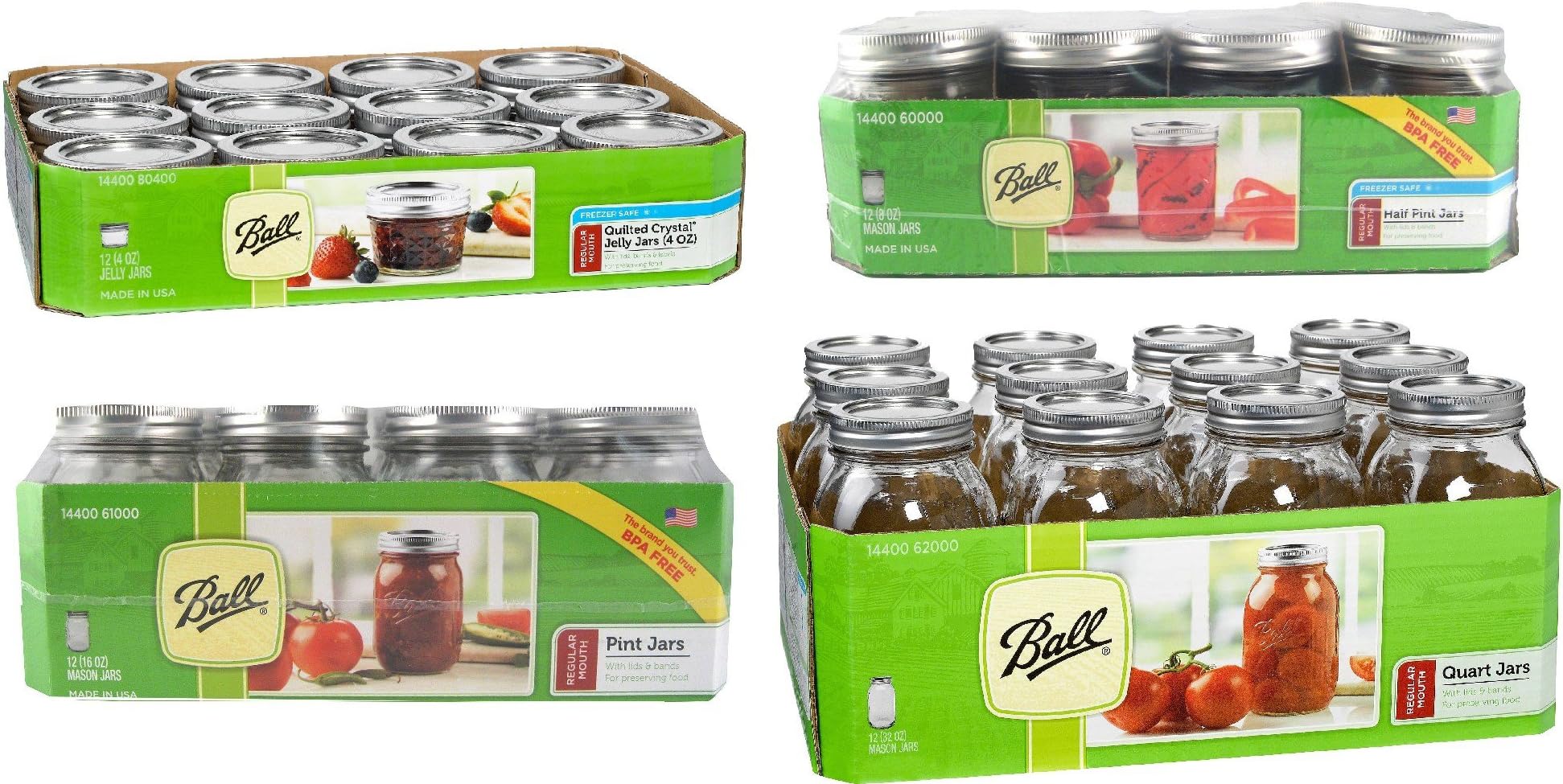 Ball Mason Jar with Lid - Regular Mouth, 12 Pcs per Size - 4 oz, 8 oz, 16 oz, 32 oz (Assorted Sizes)