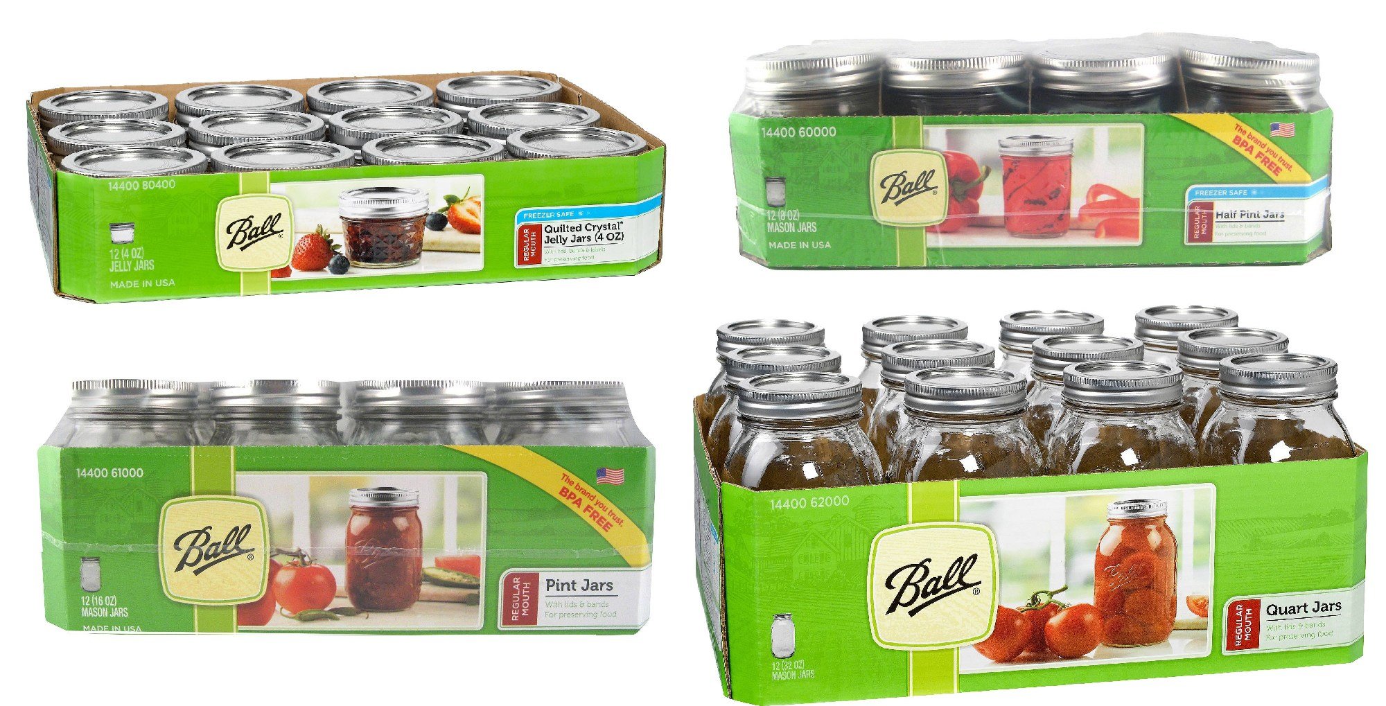 Ball Mason Jar with Lid - Regular Mouth, 12 Pcs per Size - 4 oz, 8 oz, 16 oz, 32 oz (Assorted Sizes)