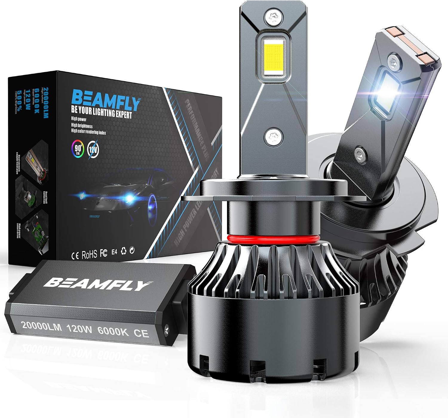 Ampoules H7 LED 20000lm 100W - Phares Voiture/Moto - Lumière Blanche 6500K - Plug & Play - 2pcs