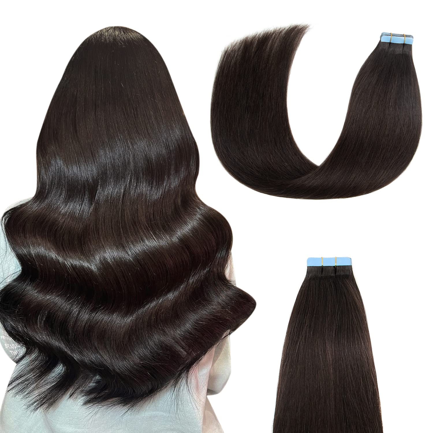 AGMITY Tape in Hair Extensions Human Hair Natural Black 12 inches 20pcs 40Gram Invisible Straight Seamless Skin Weft Remy Tape in Hair Extensions(12 inches #1B Off Black) — image 1