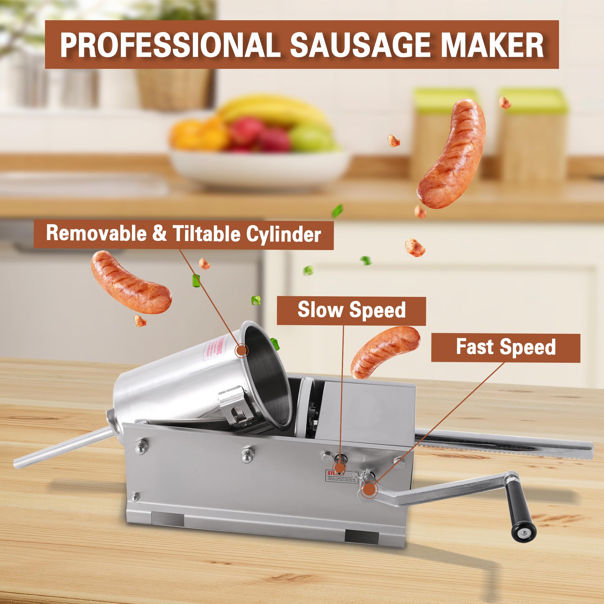 Hakka 15lbs(7 Liter) Sausage Machine 2 Speed Stainless Steel Horzontal Sausage Stuffer