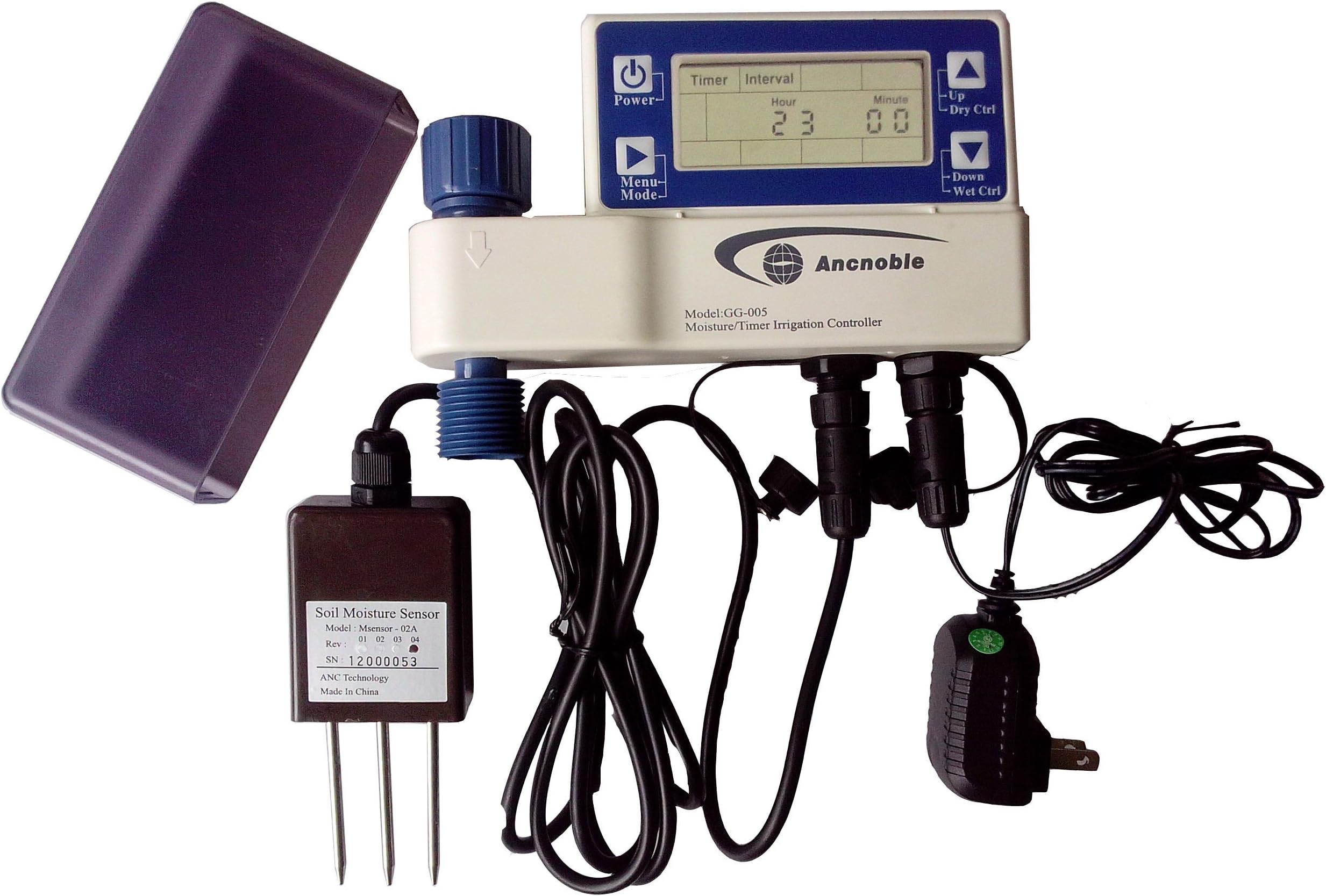 Ancnoble GG-005C-2 Irrigation Controller with Moisture Sensor Powered by AC Adaptor, 9.5 by 3 by 7-Inch, White and Blue