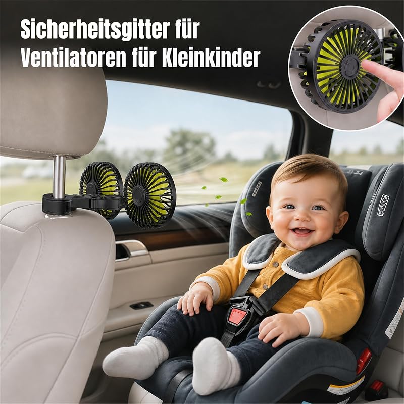 Z0BMIO Ventilatore per auto per sedile posteriore, 12 V, doppia testa, poggiatesta, ventilatore compatto da 12 V, con raffreddamento potente e silenzioso, ventilatore USB girevole a 360°, silenzioso