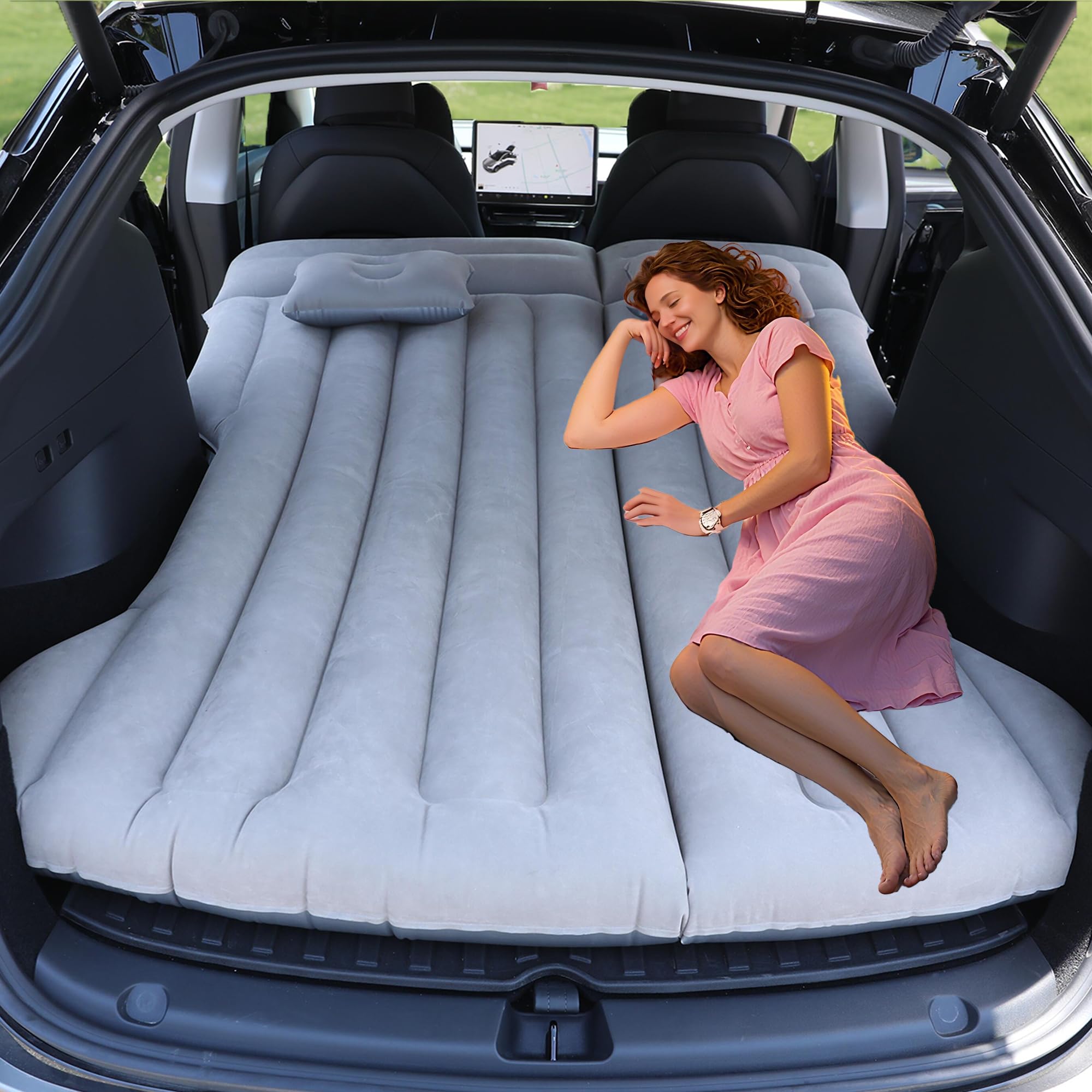 Photo 1 of Car Air Mattress - Inflatable Camping Bed Compatible with Tesla Model Y, Thickened Flocked AirBed for Trunk/Backseat/Sedan/SUV/RV, Sleeping Pad with Pump and 2 Pillows for Camping Travel Outdoor Grey