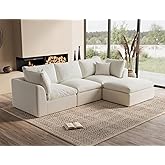 ohllob 110" Cloud Sectional Couches for Living Room, Convertible L-Shape Couch with Ottoman, 3 Seater Modular Sectional Sofa, Warm White