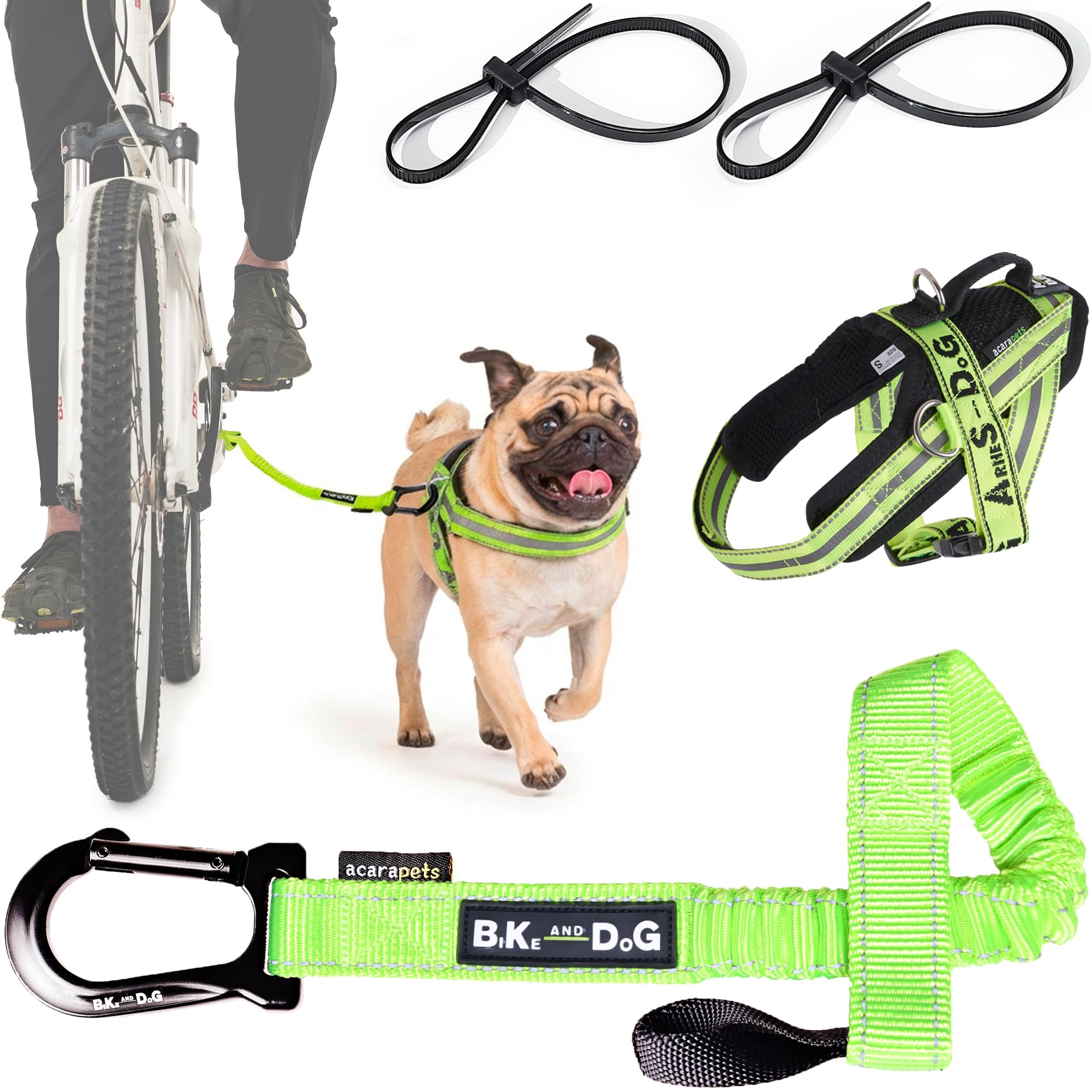 BIKE AND DOG - Dog leash and dog harness for bicycle, harness with side rings, includes 2 bicycle straps. Patented. (Yellow, Leash-harness S)