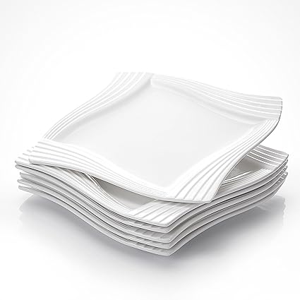 MALACASA, Serie Amparo, 6 teilig Set Cremeweiß Porzellan Kuchenteller Dessertteller Frühstücksteller 8 Zoll / 20,5x20,5x1,8cm