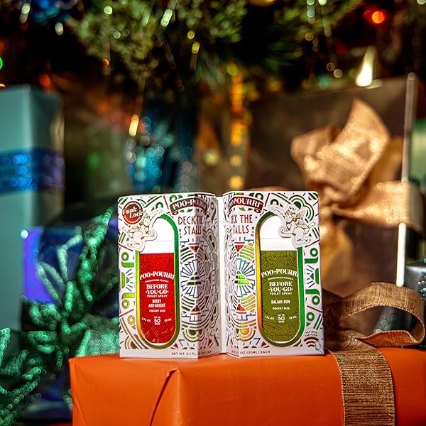 POO-POURRI DECK THE STALLS TEAR AWAY GIFT SET, BERRY AND BRIGHT 1 FL OZ POCKET SPRAYER AND BALSAM BUM 1 FL OZ POCKET SPRAYER