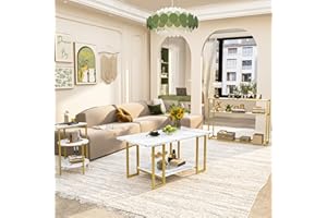furlinkhm 3 Pieces Modern Coffee Table Set with Console Table,White Faux Marble Coffee Table & Accent Table & Foyer Table,Multi-Tier Living Room Table Set,Gold Metal Frame