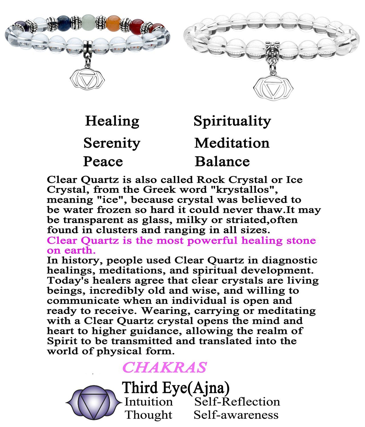 QGEM 2pcs Bracelet en Pierre Quartz Cristal de Roche Blanc Naturelle Pendentif \'Ajna\' pour Amoureux Meilleure Amie Femme Homme