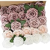 Exoment 25pcs Artificial Flower Foam Rose Real Touch Roses Flower Heads with Stem for DIY Wedding Bouquets Centerpieces Arrangements Party Baby Shower Home Decor (Shades of Dusty Rose)