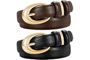 TRIWORKS 2 Pack Women Leather Belt for Jeans Pants Fashion Ladies Skinny Faux Leather Belt with Gold Buckle