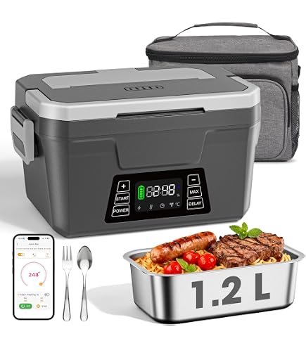 Hugmazing Boîte à déjeuner électrique sans fil – Chauffe-aliments auto-chauffant rechargeable avec récipient SS de 1100 ml, boîte à déjeuner chauffante à piles, parfaite pour les voyages, les repas de