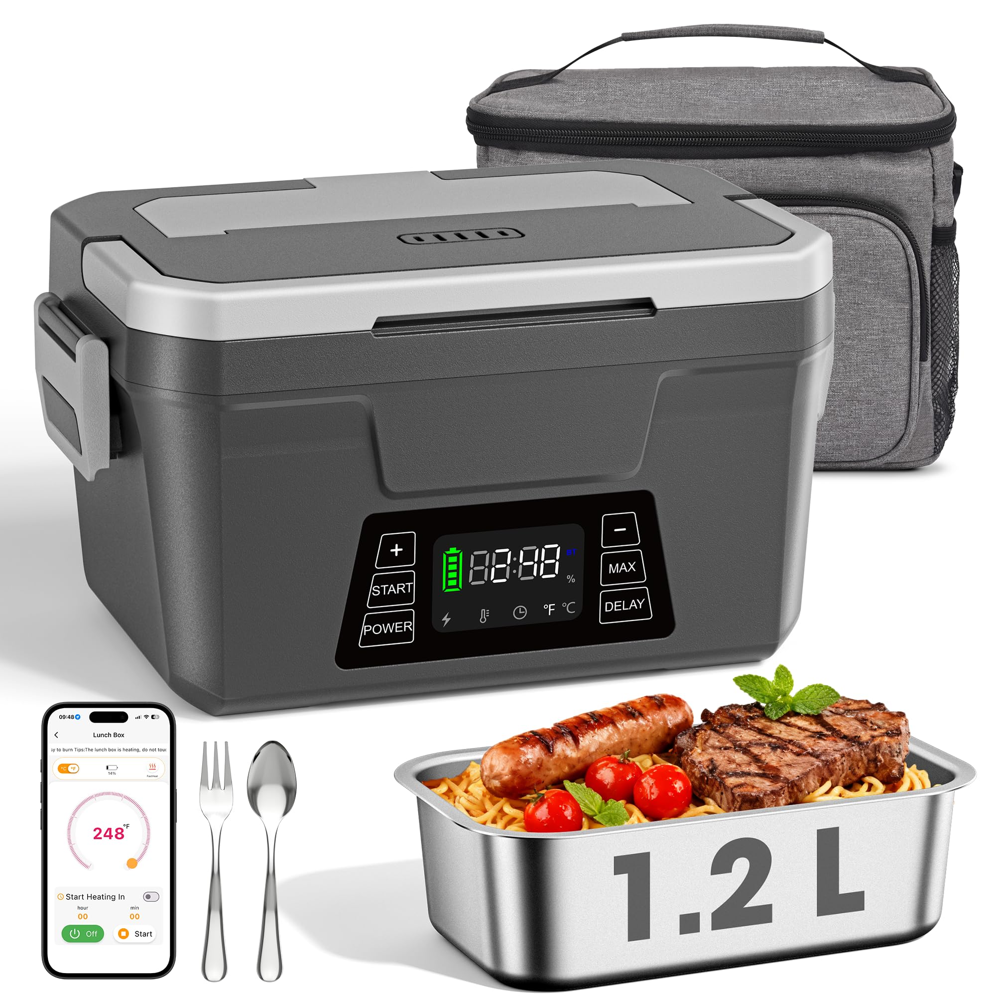 Photo 1 of Herrfilk Cordless Electric Lunch Box for Adults with APP Control, 1.2L Portable Heated Lunch Box Battery Powered with Automatic Heating, Self-Heating Food Warmer for Work, 248°F Max, Leak Resistant