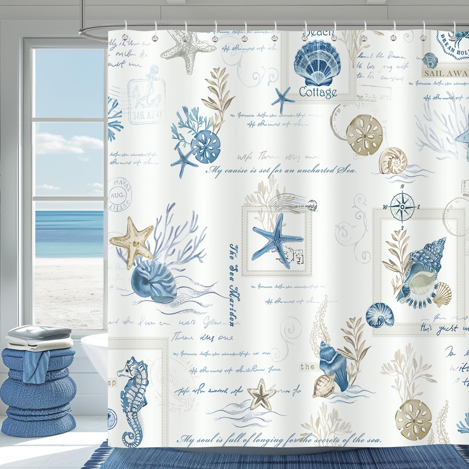 Bonhause Nautical Coastal Shower Curtain Ocean Theme Starfish Seashell Blue Bathroom Curtain 180 x 180 cm Waterproof Mildew & Mould Resistant Polyester Fabric Bath Curtain with 12 Hooks