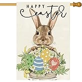 Baccessor Happy Easter House Flag 28 x 40 Inch, Double Sided Burlap Bunny Rabbits Laurel Colorful Eggs Basket Floral Farmhouse Large Yard Flag Seasonal Holiday Spring Easter Outdoor Decor