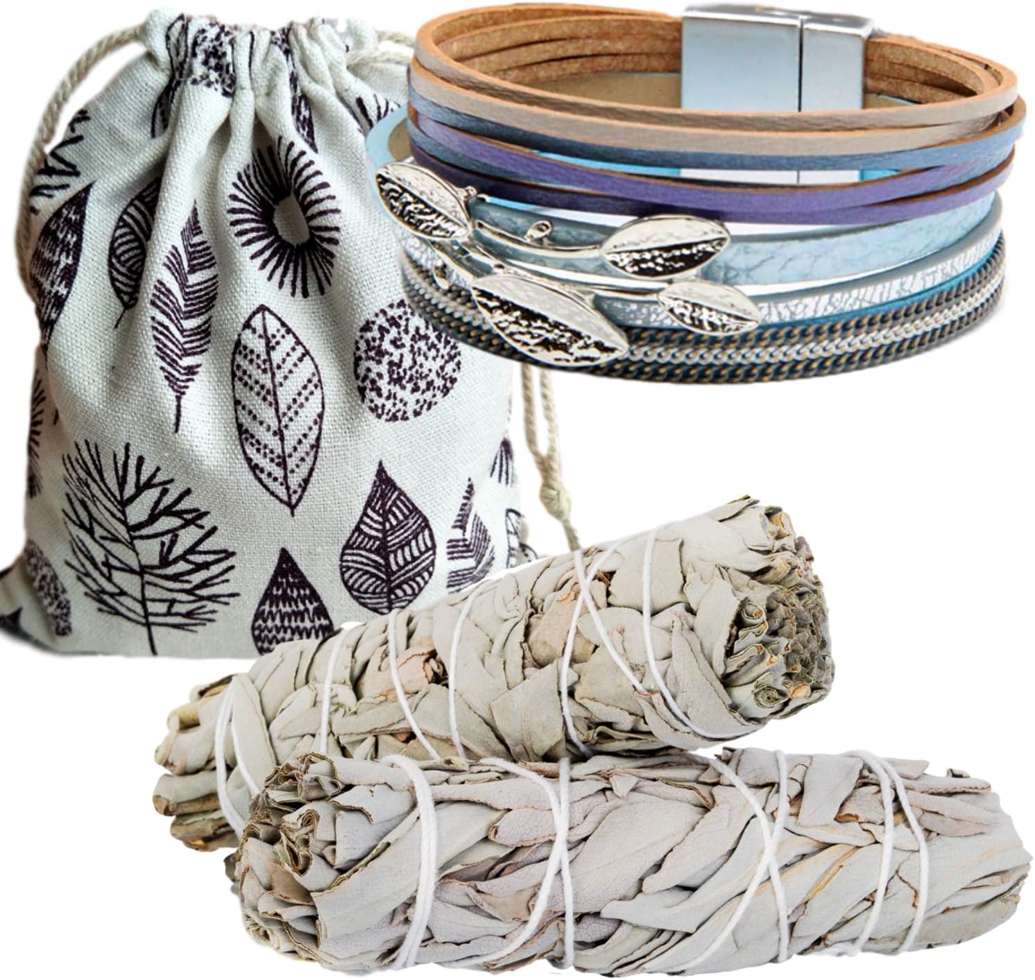 Sage Smudge Sticks Smudging Kit Healing Stones Jewelry Set,Multilayer Bracelets for Women,Crystal Pendant, Tree of Life, Stone Necklace,Stone Rings,Ring Set,Metaphysical Gifts (Blue Leaf Bracelet Set)