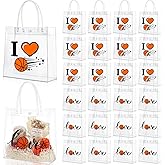 Sweetude 24 Pcs Basketball Clear Gift Bag with Handles Plastic Basketball Treat Plastic Sport Theme Favor Snack Bag for Team Game Rookie Year Birthday Party Decorations Supplies, 8 X8 X3.6''