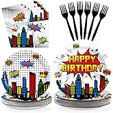 Grencian 96Pcs Super Theme Hero Party Supplies White Comic Hero Plates and Napkins Hero's Action Sign Cityscape Tableware Sets for Kids Baby Shower Hero Spider themed Party Decorations Favors Serve 24