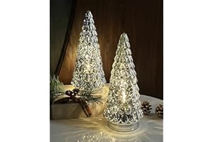 SHMILMH Silver Mercury Glass Christmas Tree, Small Tabletop Christmas Tree with Light, Battery Operated Mini Xmas Tree for Fireplace Bathroom Decor 10", Set of 2