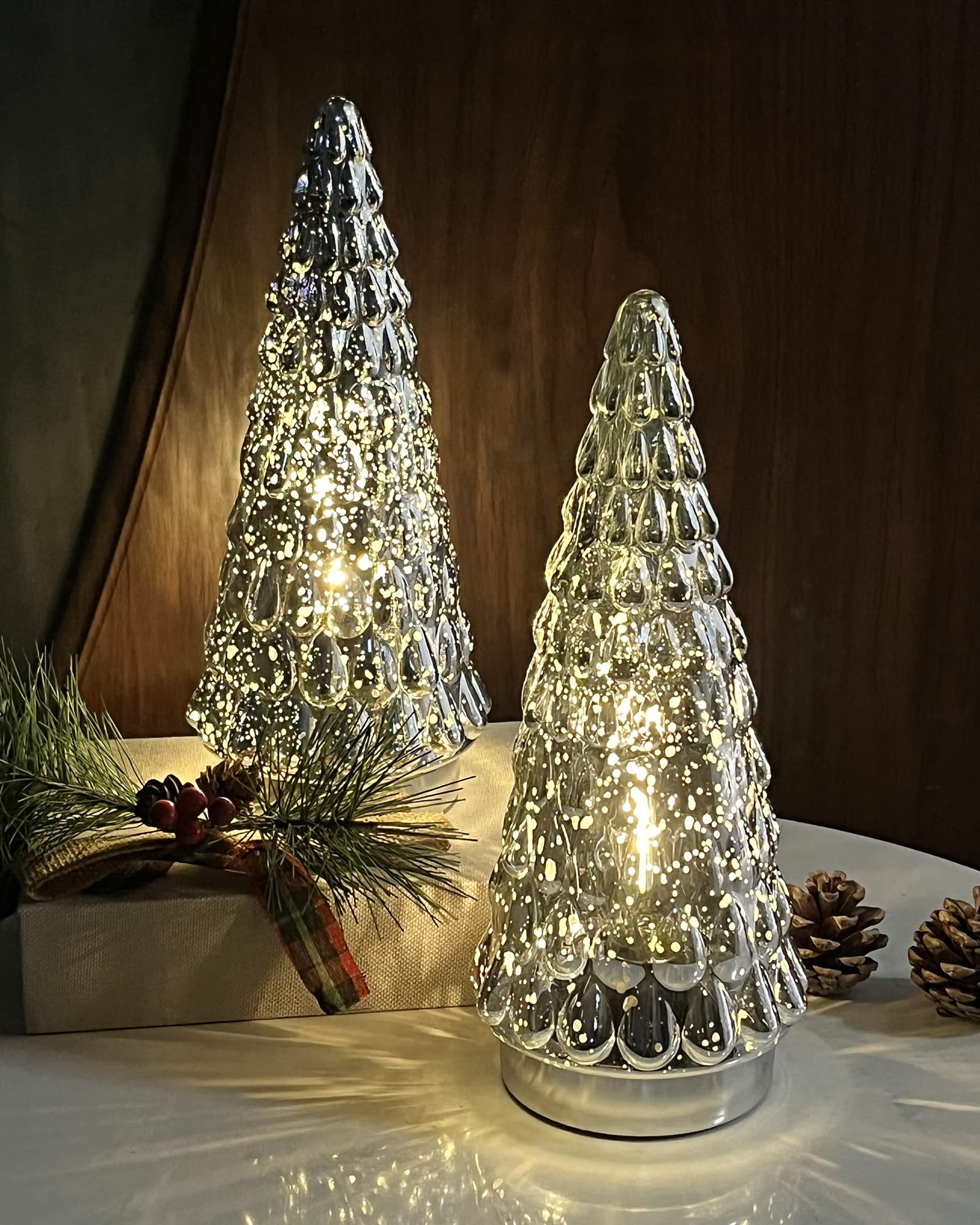 Photo 1 of SHMILMH Silver Mercury Glass Christmas Tree, Small Tabletop Christmas Tree with Light, Battery Operated Mini Xmas Tree for Fireplace Bathroom Decor 10", Set of 2