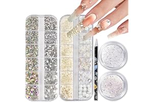 Haozher 11000 PCS Rhinestones, 4 Box Flatback Pearls for Nails Crystals, Glass Gems and Rhinestones for Nails, Face Jewels 3D Charms with Wax Pencil for Rhinestones
