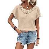 Dokotoo Women's Casual 2026 Waffle Knit Hollow Out Lace Tops Short Sleeve V Neck Loose Fit Shirts Blouses