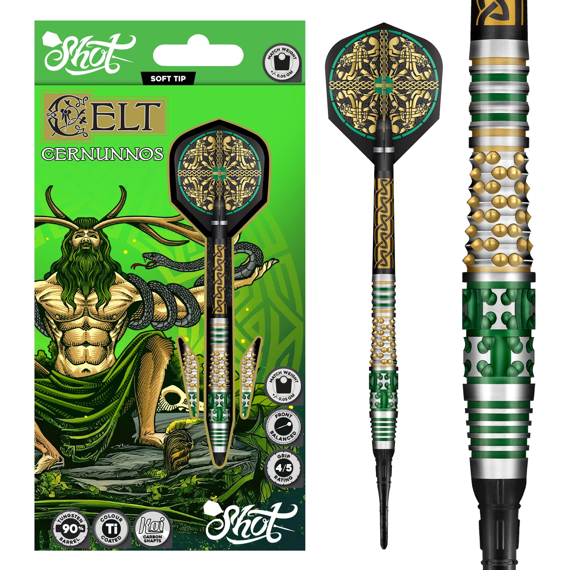 Shot! Celt Cernunnos Soft Tip Dart Set 90% Tungsten Pro Throwing Darts Soft Tip Set, Professional – Made in New Zealand – Designed Dart Flights for Women & Men – Plastic Tip Bar Darts for Adults