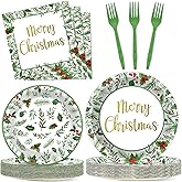 96PCS Christmas Paper Plates and Napkins Set, Christmas Party Decorations for Holly Berry Holiday Party Disposable Dessert Plates Dinnerware, Xmas Winter Seasonal Holly Tableware Decor, Serves 24