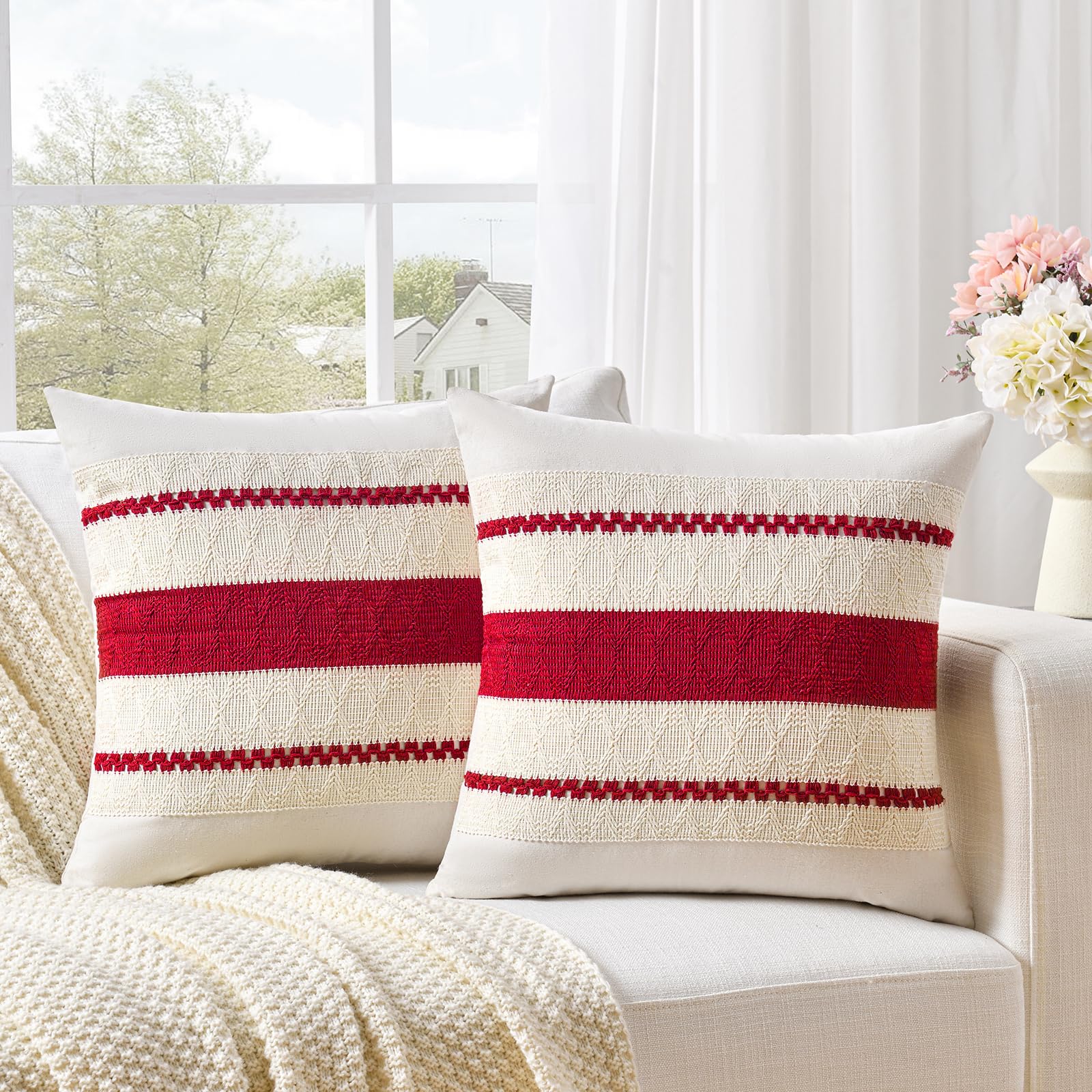 Fancy Homi Set of 2 Boho Red Decorative Throw Pillow Cover 20x20 Inch for Couch Bed Sofa, Aesthetic Modern Organic Farmhouse Home Decor, Soft Cotton Cute Accent Macrame Woven Cushion Case