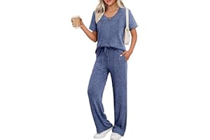 Ekouaer Women's 2 Piece Lounge Set Casual Summer Outfits Ribbed Short Sleeve & Wide Leg Pants Matching Set for Travel Home