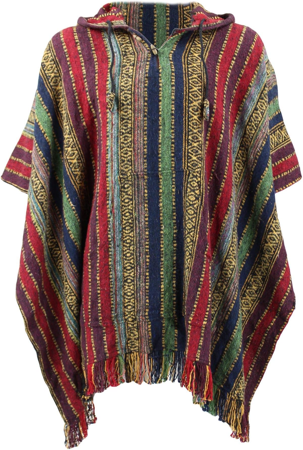 Loud PonchosRed, Green & Navy Woven Cotton Hooded Poncho Knee Length by Loud