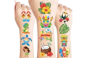 91TATTOOS 96 PCS Hawaiian Luau Pre-Cut Temporary Tattoos for Kids | Super Cute Themed Birthday Party Favors, Supplies, Decorations, Summer Fake Tattoo Stickers (Multiple)