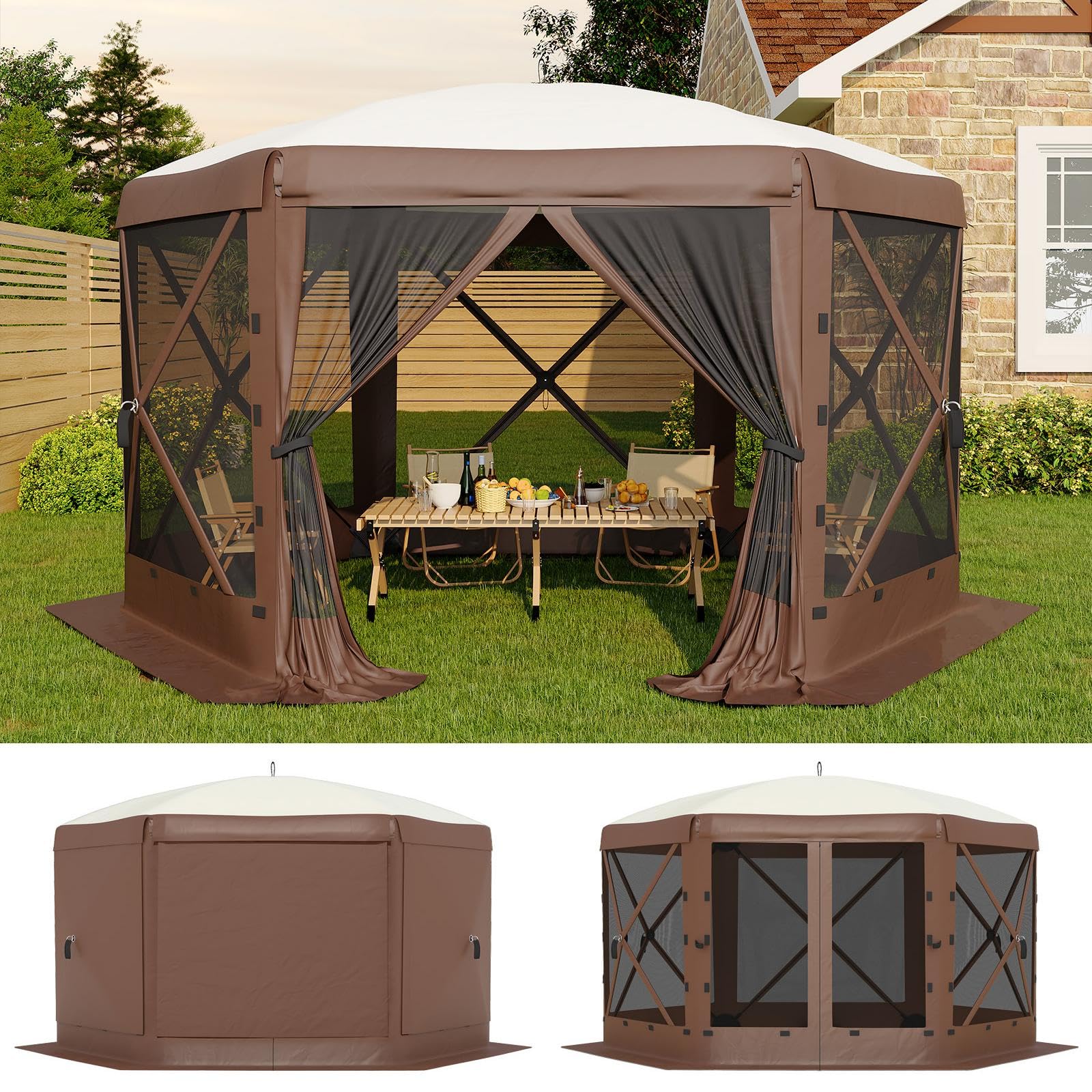 Photo 1 of **UNTESTED**
13x13FT 6-Sided Pop Up Gazebo Tent?One-Push Setup Canopy Tent with Removable Canopy Top & Wind Cloths, Outdoor shelter for Camping, Backyard Parties, Outdoor Events - Beige & Khaki