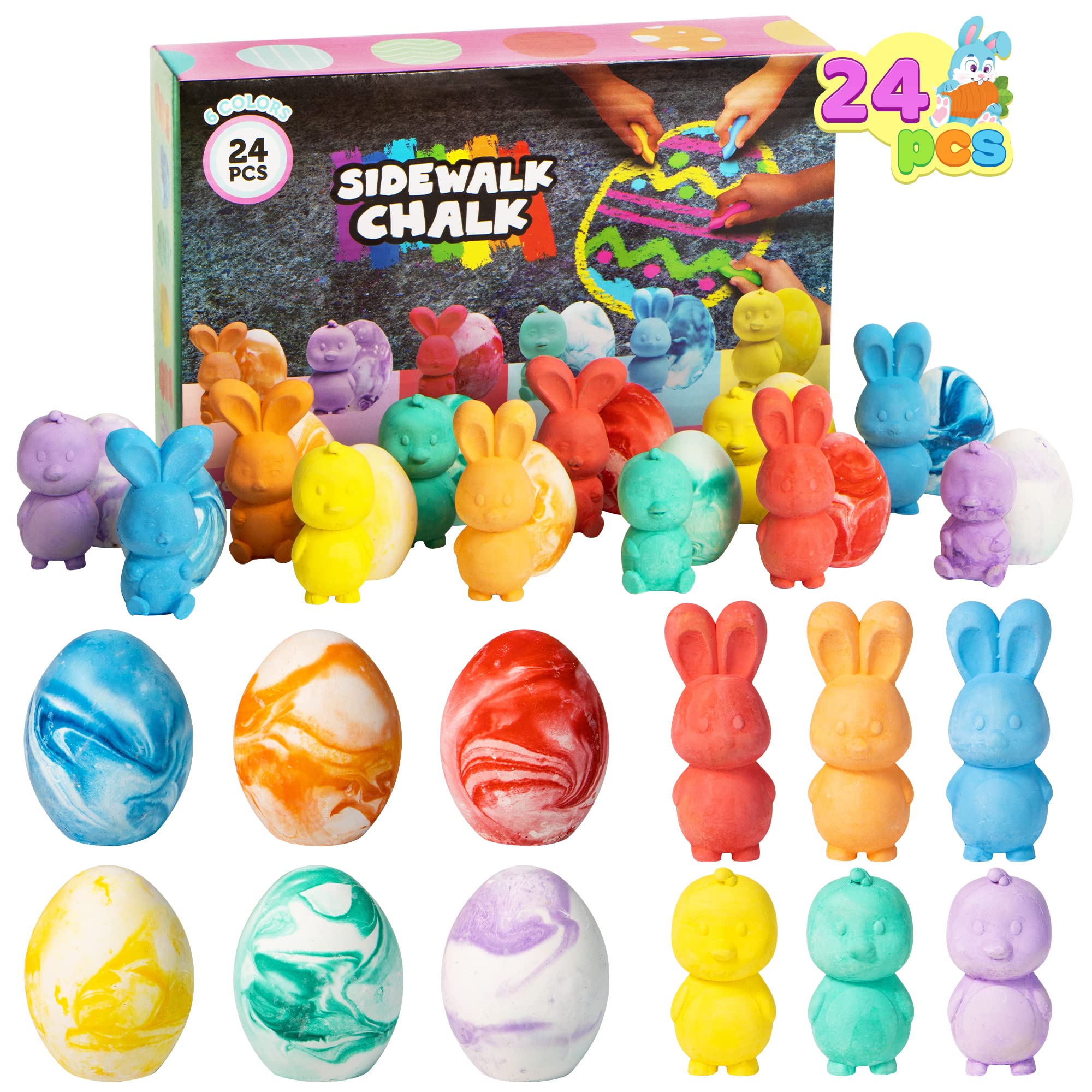 JOYIN 24 Pcs Easter Sidewalk Chalk Set, Easter Eggs Bunny Chicken Gifts for Boys Girls Kids Toddlers for Basket Stuffers Fillers Party Favors