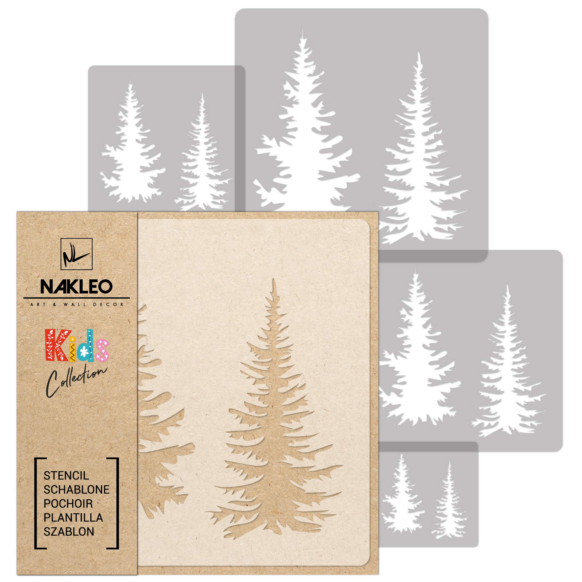 NAKLEO Painting Stencils Set for Nursery Room, 5 Pcs Templates 9x9 to 34x34cm Fir Spruce Forest, Plastic and Reusable Drawing Stencils, Decor, Craft DIY Wall Furniture