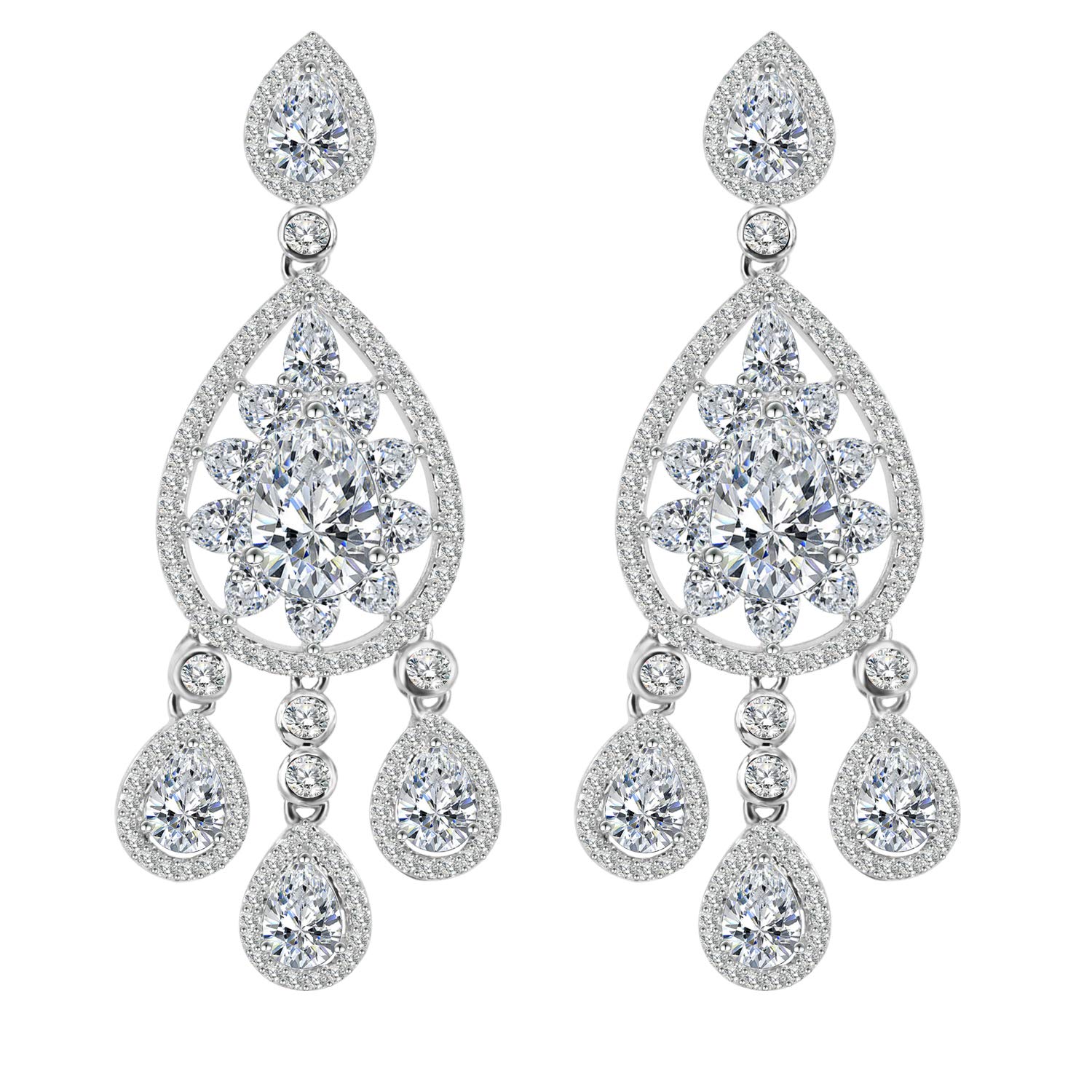 BiBeary Women CZ Zircon noble Tear Drop Shaped Bridal elegant Dangle Earrings for Women silver-tone