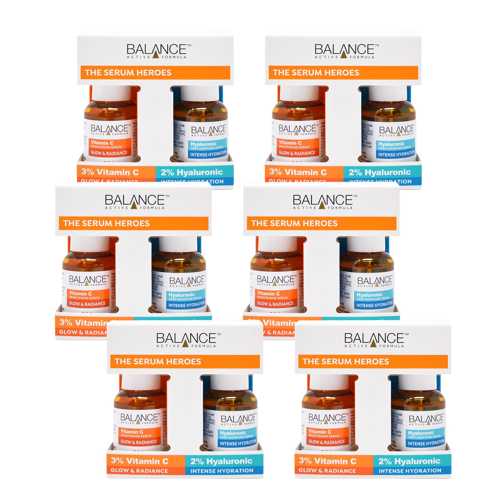 Balance Active Formula Multipack of 6 x The Serum Heroes Duo (Vitamin C Brightening Serum & Hyaluronic Deep Moisture Serum), Armed with Active Ingredients to Glow and Hydrate, Vegan & Cruelty Free