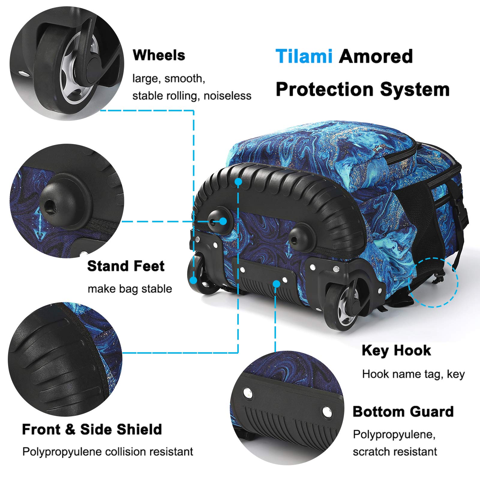 Tilami Rolling Backpack 18 inch Wheeled Laptop Backpack School College Student Travel Trip Boys and Girls (Blue Wave)